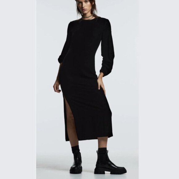 Zara Dresses & Skirts - Zara Velvet Burnout Modesty Goth Draped Slit Maxi Dress Black Womens Size Small